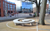 A photo from a recently completed BBS project, titled 'Contemporary Granite Bench Designed and Supplied for Public Realm Project in Leicester City Centre'