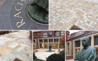 A photo from a recently completed BBS project, titled 'BBS Transforms External Landscape of Icon Armstrong Building At Newcastle University'