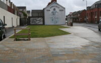 A photo from a recently completed BBS project, titled 'Natural Stone Makeover for George Best Corner, Belfast'